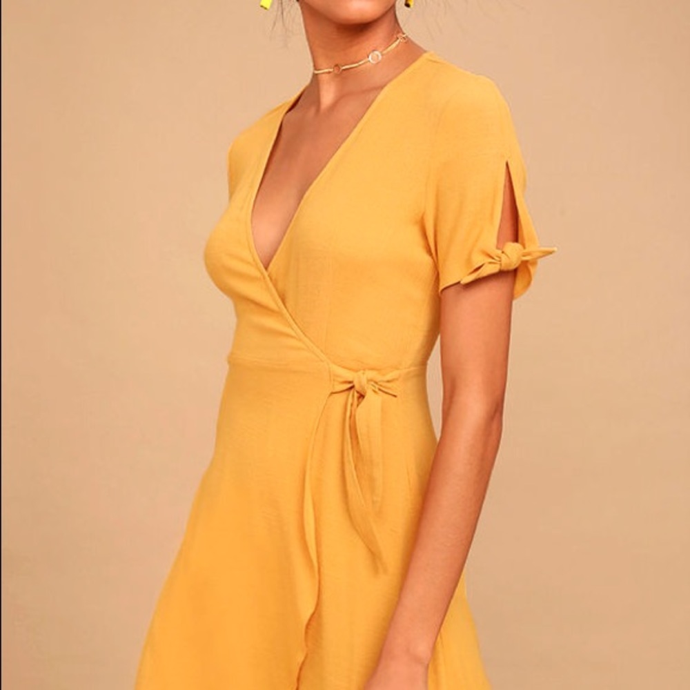 lulus my philosophy golden yellow wrap dress